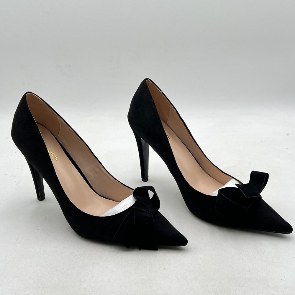 XYD Black Basic Bow Knot High Heel Pumps Pointed Toe Slip On Office Work Shoes - Picture 4 of 8